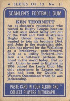 1964 Scanlens NRL #11 Ken Thornett Back